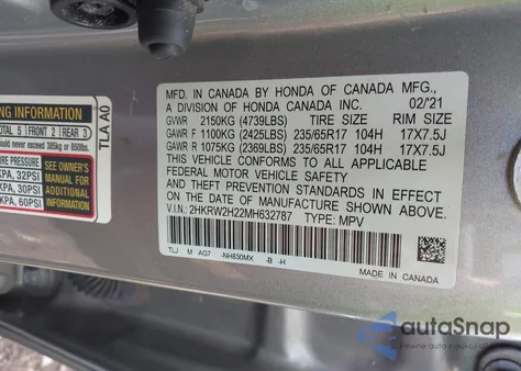2021 Honda Cr-V Awd Lx z USA, uszkodzony, nr VIN 2HKRW2H22MH632787